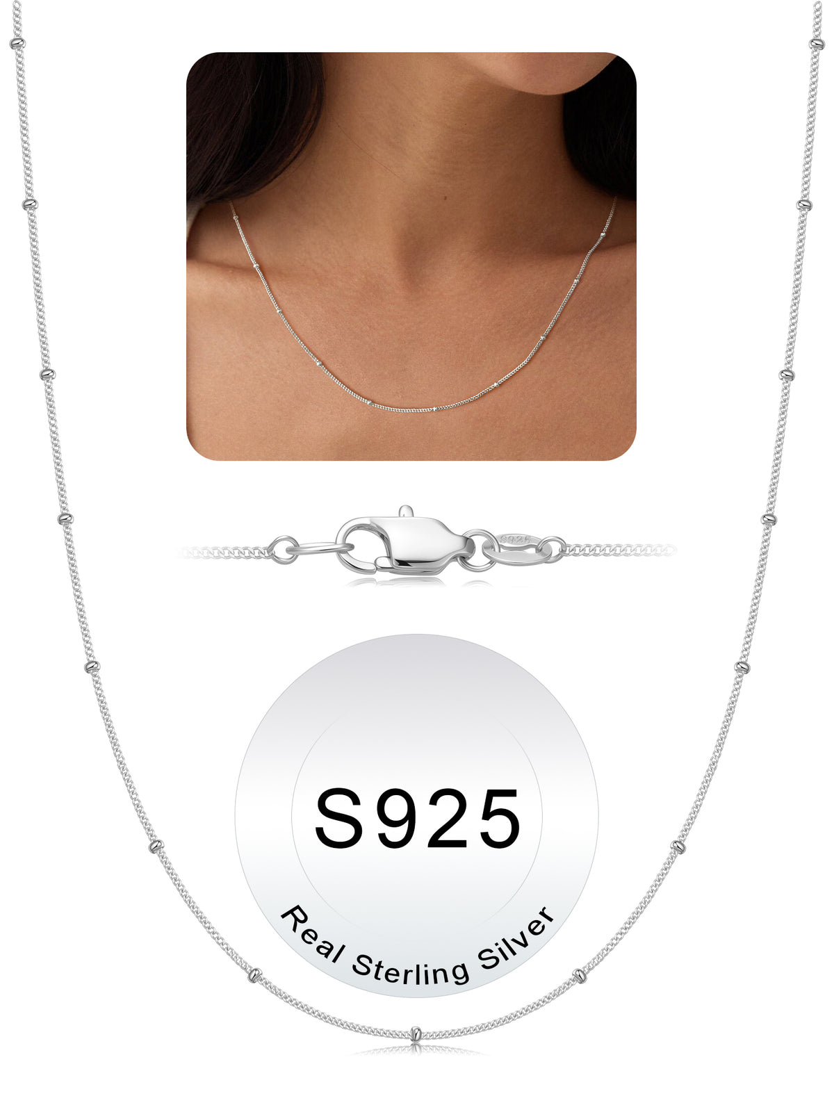 Turandoss S925 Sterling Silver Chain Necklace for Women, 18K Gold Silver 1.5mm Satellite Bead Chains Necklaces, Birthday Valentine's Day Gifts for Mom
