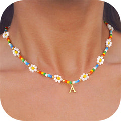 Turandoss Colorful Flower Beaded Initial Choker Necklace for Women Tiny Pendant Letter Boho Jewelry Birthday Teacher Appreciation Mothers Day Graduation Gifts for Her Mom Kids Teen Girls Wife Ideas