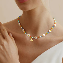 Turandoss Colorful Flower Beaded Initial Choker Necklace for Girls Women Tiny Gold Plated Pendant Letter A-Z Boho Jewelry Personalized Birthday Gifts for Women Teen Girl