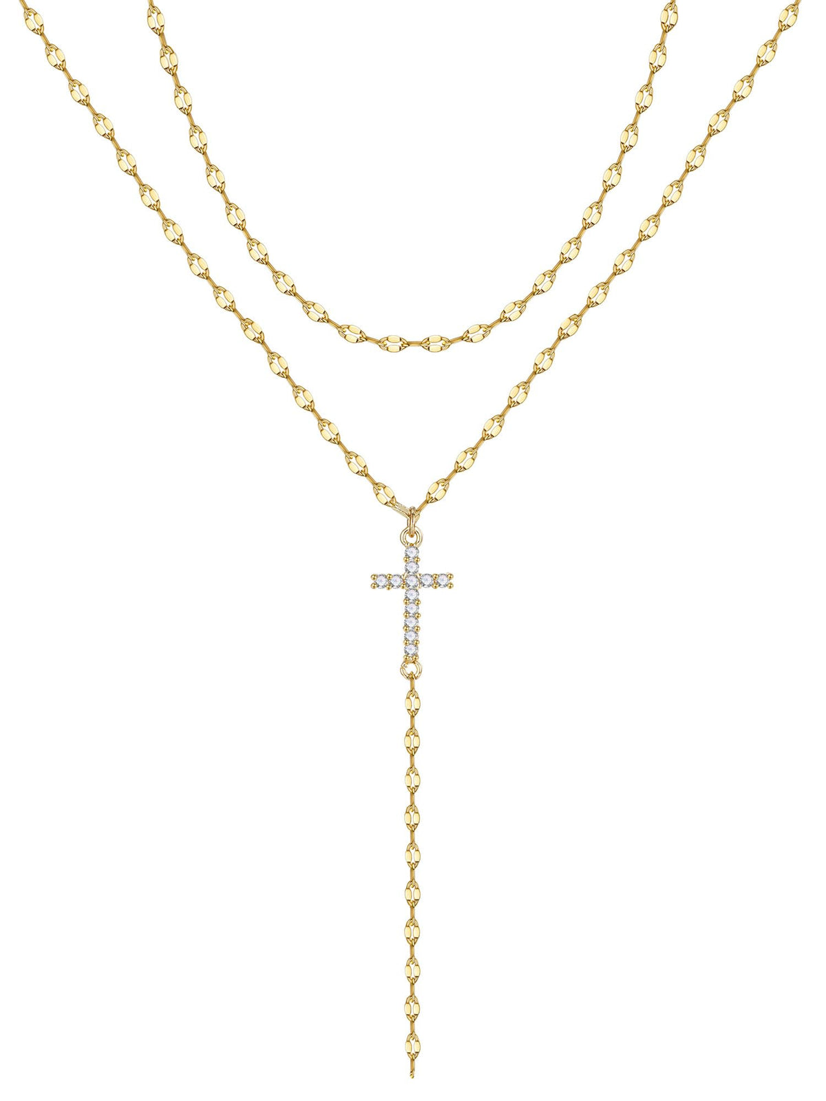 Turandoss Dainty Cz Cross Necklace for Women 14k Gold Plated Long Lariat Y Shaped Layered Cross Pendant Drop Stack Jewelry Gifts for Women Girls Trendy