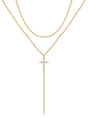 Turandoss Dainty Cz Cross Necklace for Women 14k Gold Plated Long Lariat Layered Pendant Drop Stack Jewelry Teacher Appreciation Mothers Day Graduation Gifts for Her Mom Teen Wife Ideas