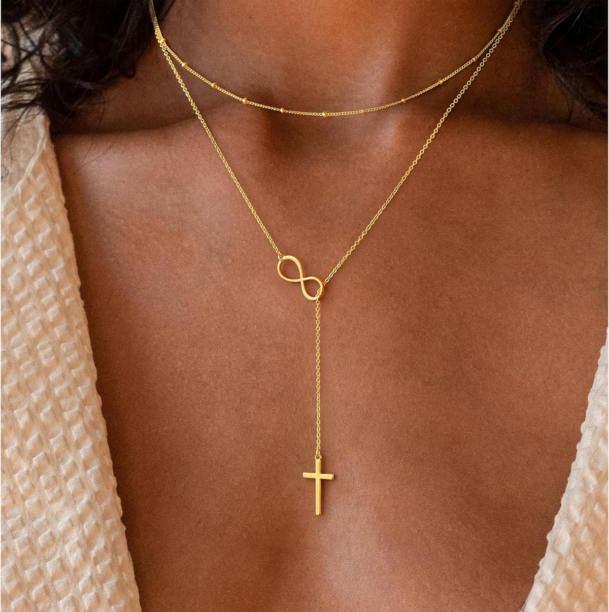 Turandoss Infinity Gold Cross Necklace for Women - Dainty 14K Gold Plated Y Shaped Cross Pendant Necklace Long Layered Necklaces for Women Drop Lariat Necklaces Jewelry for Womens Christmas Gifts