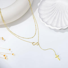 Turandoss Infinity Gold Cross Necklace for Women - Dainty 14K Gold Plated Y Shaped Cross Pendant Necklace Long Layered Necklaces for Women Drop Lariat Necklaces Jewelry for Womens Christmas Gifts