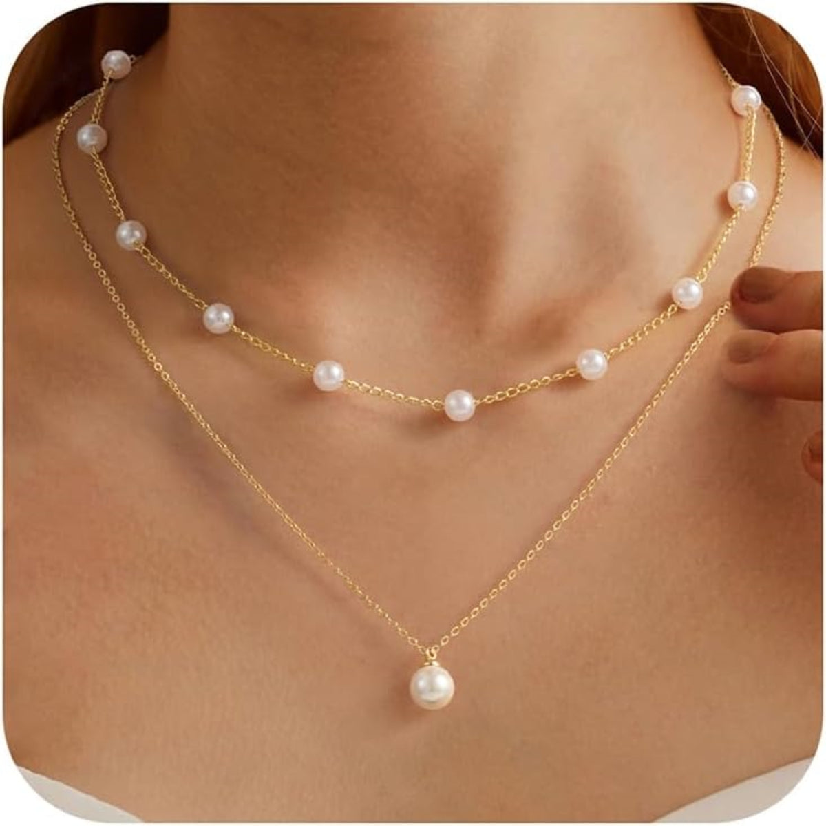 Turandoss Cultivate Pearl Necklace for Women Trendy, 14K Gold Plated Satellite Pearl Pendant Dainty Pearl Necklace Stacked Bride Bridesmaid Gifts Wedding Birthday Gifts Summer Jewelry Trend for Women