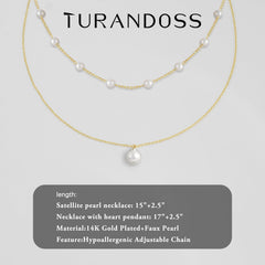 Turandoss Cultivate Pearl Necklace for Women Trendy, 14K Gold Plated Satellite Pearl Pendant Dainty Pearl Necklace Stacked Bride Bridesmaid Gifts Wedding Birthday Gifts Summer Jewelry Trend for Women