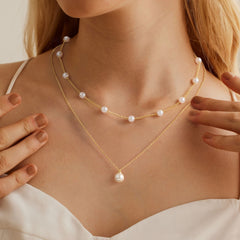 Turandoss Pearl Necklace for Women Trendy, Dainty 18K Gold Layered Pendant Necklace, Bride Bridesmaid Gifts Wedding Birthday, 15+2.5/17+2.5In