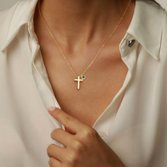 Turandoss Cross Birthstone Gold Necklace for Women Girls-Created Birthstone Gift