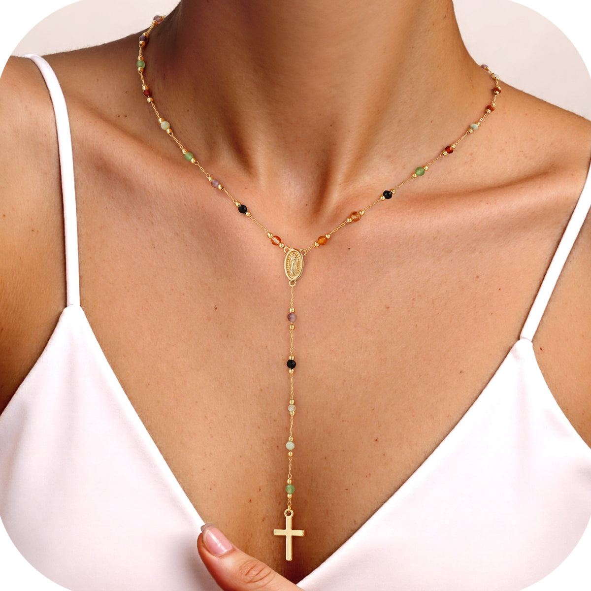 Turandoss 14K Gold Plated Cross Necklace for Women - Dainty 14K Gold Plated Plated Holy Mary Medal Cross Pendant Necklace Colorful Rosary Beaded Y Chain Necklaces for Women Baptism Gifts