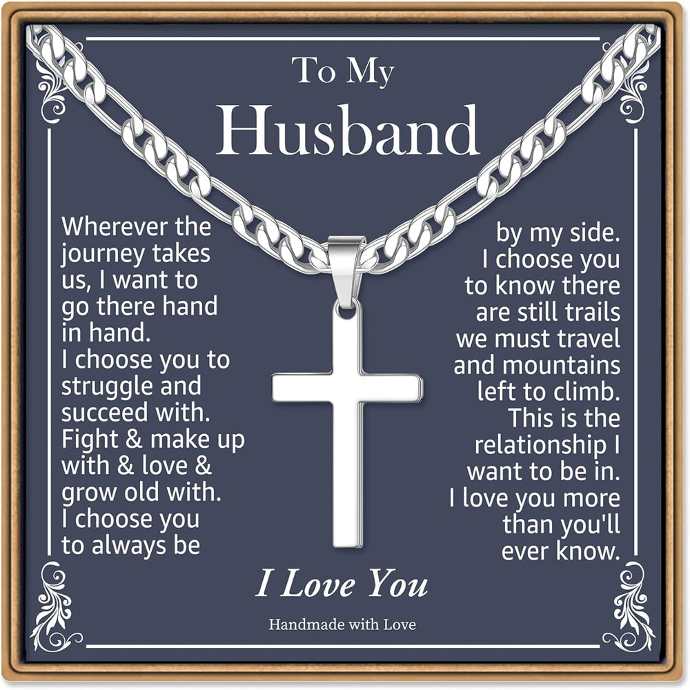 Turandoss Gifts for HusbandCross Necklace Silver Figaro Chain Cross Necklace for Men Husband Gifts Easter Christian Jewelry Gift for Him Anniversary Birthday Gift for Man Husband Him from Wife