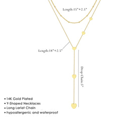 Turandoss Long Lariat Necklace for Women Dainty Layered Bead Heart Pendant 14K Gold Plated Simple Y Shaped Drop Chain Choker Necklaces Jewelry Trendy Gift Women Girl