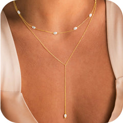 Turandoss 14K Gold Plated Layered Necklaces for Women Lariat Y-Shaped Drop Pearl Charm Jewelry Trendy Birthday Teacher Appreciation Mothers Day Graduation Gifts for Her Mom Kids Teen Girls Wife Ideas