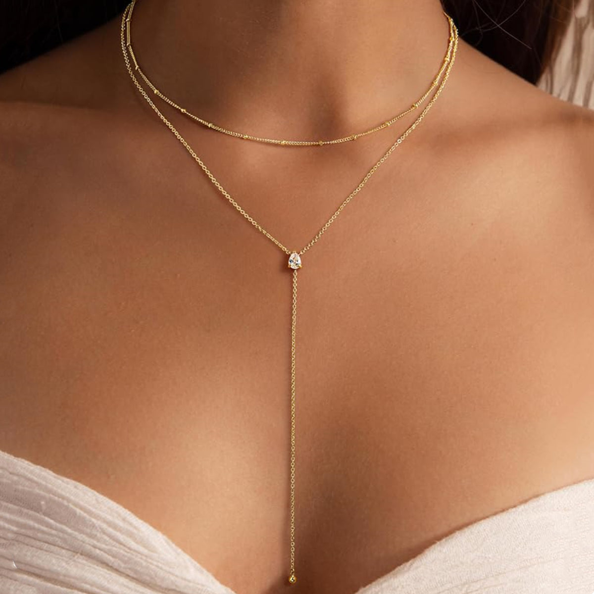 Turandoss Lariat Gold Necklace for Women - Dainty 14K Gold Plated Y-Shaped Drop Necklace Layered Lariat Necklaces for Women Cubic Zirconia Long Necklaces Jewelry for Womens Gifts