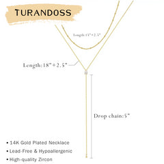 Turandoss Lariat Gold Necklace for Women - Dainty 14K Gold Plated Y-Shaped Drop Necklace Layered Lariat Necklaces for Women Cubic Zirconia Long Necklaces Jewelry for Womens Gifts