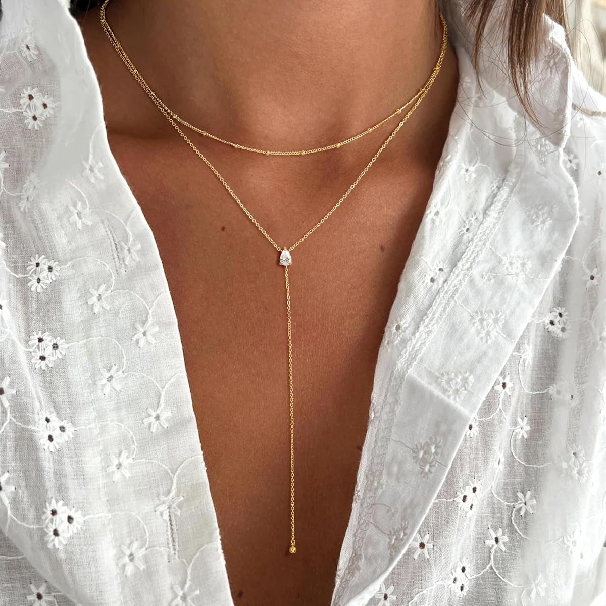 Turandoss Lariat Necklace for Women Dainty 14K Gold Plated Y-Shaped Drop Layered Lariat Cubic Zirconia Jewelry Teacher Appreciation Mothers Day Graduation Gifts for Her Mom Kids Teen Girls Wife Ideas