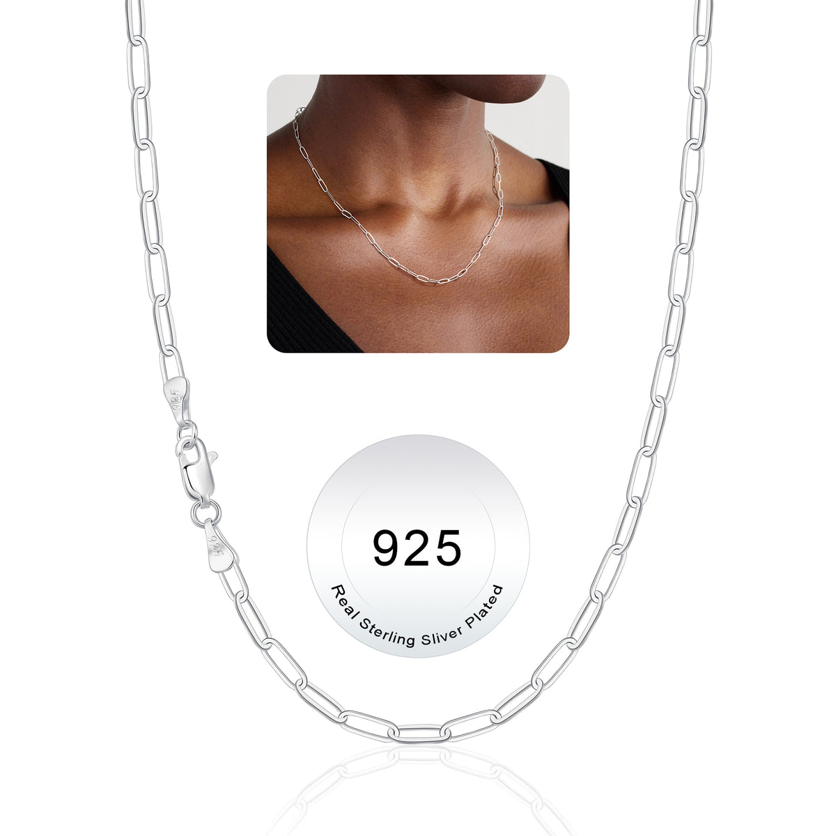 Turandoss Silver Chain Necklace for Women Men - 3.3mm Silver Paperclip Chain for Women Men Hypoallergenic, Jewelry Gifts for Her Him, 16, 18 inches