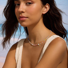 Turandoss Colorful Beaded Necklace for Women Girls, Dainty Gold Initial Pearl Bead Choker Necklace, Cute Birthday Gifts for Girls, 16+2.5Inches, A