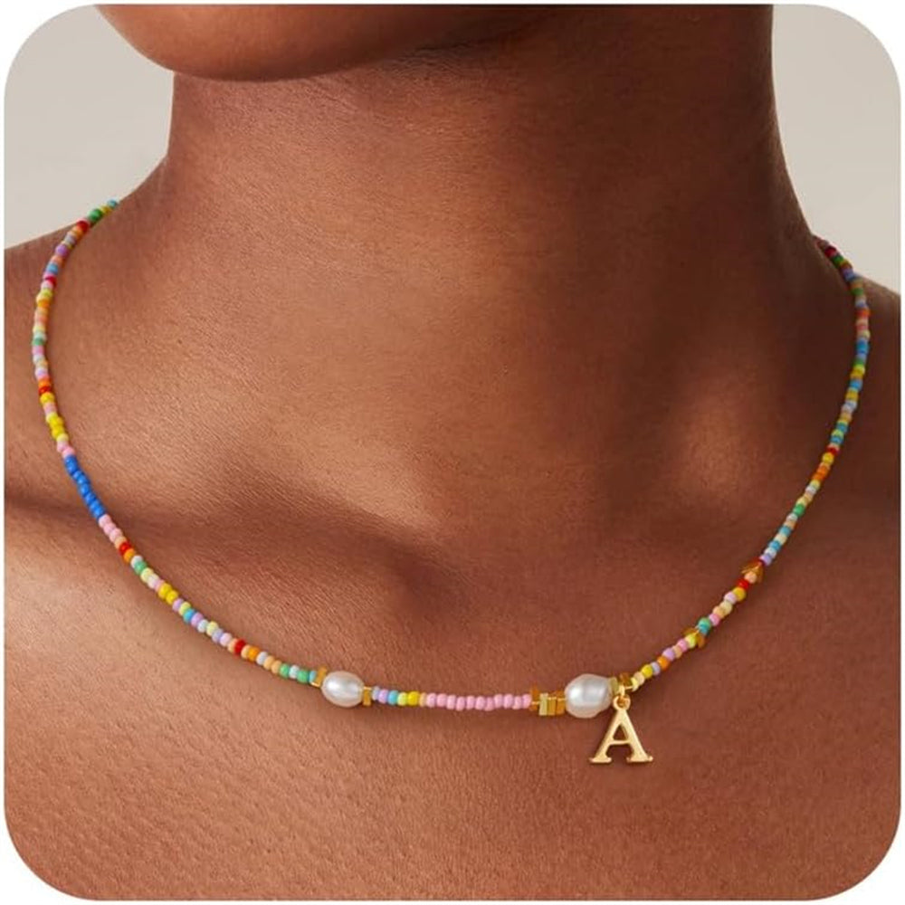 Turandoss Colorful Beaded Initial Choker Pearl Necklace for Women Girls Letter A-Z Cute Jewelry Trendy Personalized Birthday Gifts for Women New Teen Girl