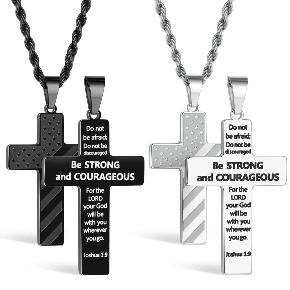 Turandoss Cross Necklace for Men Boys Mens Silver Black Cross Chain Necklace American Flag Pendant Necklaces for Men Religious Jewelry Christian Confirmation Gifts 20inch