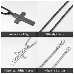 Turandoss Cross Necklace for Men Boys Mens Silver Black Cross Chain Necklace American Flag Pendant Necklaces for Men Religious Jewelry Christian Confirmation Gifts 20inch