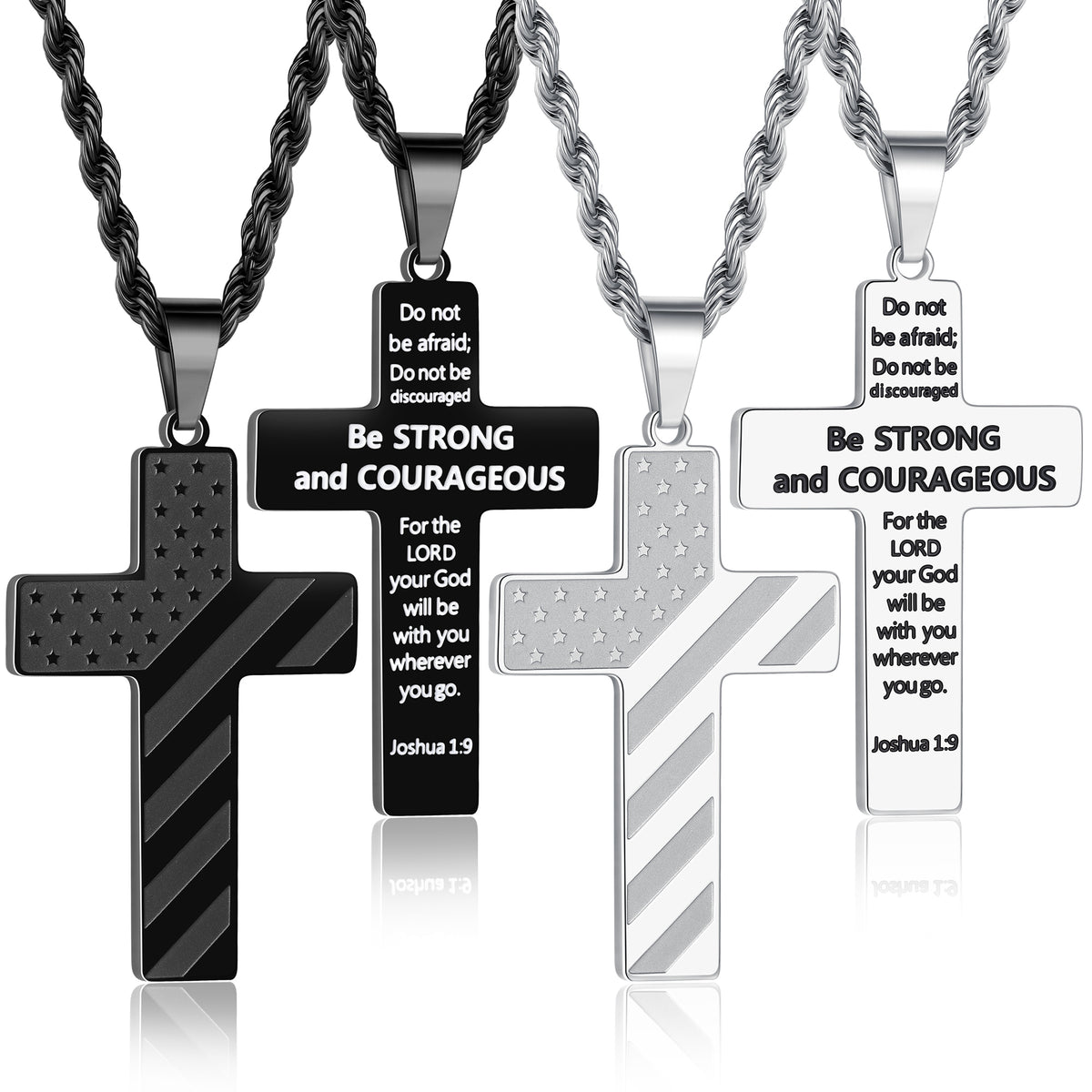 Turandoss 2PCS Cross Pendant Necklaces for Men Silver & Black Stainless Steel Chunky Chain American Flag Bible Verse Religious Jewelry Christian Baptism Christmas Gifts for Boys Men