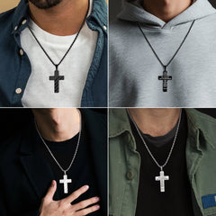 Turandoss 2PCS Cross Pendant Necklaces for Men Silver & Black Stainless Steel Chunky Chain American Flag Bible Verse Religious Jewelry Christian Baptism Christmas Gifts for Boys Men