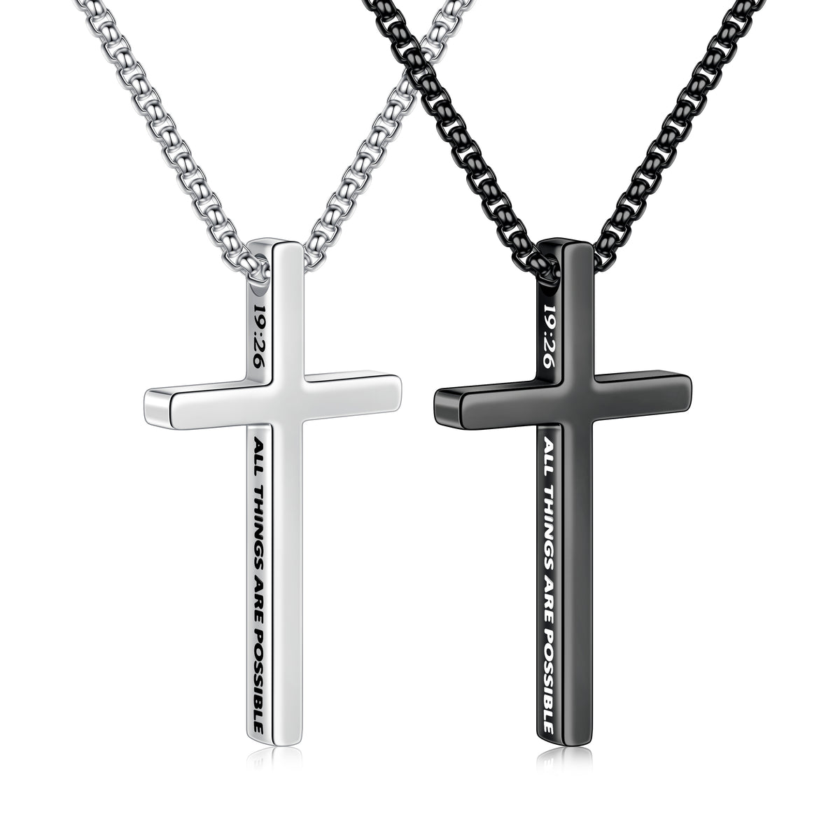 Turandoss 2 PCS Black Silver Cross Necklace for Men Boys, Stainless Steel Inspirational Text Pendant Necklaces, Birthday Gifts for Boy, Men's Fashion