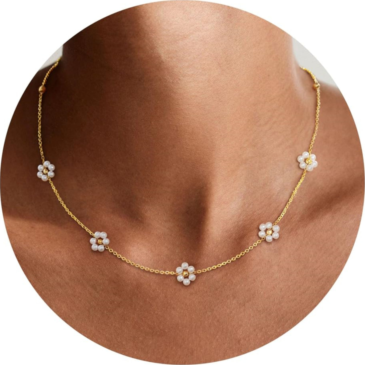 Turandoss 14K Gold Plated Pearl Daisy Pearl Choker Necklace for Women, Dainty Charm Necklace for Women Teen Girl Gifts Daisy Necklaces Station Gift for Teenage Teen Girl Christmas Gifts Trendy Stuff