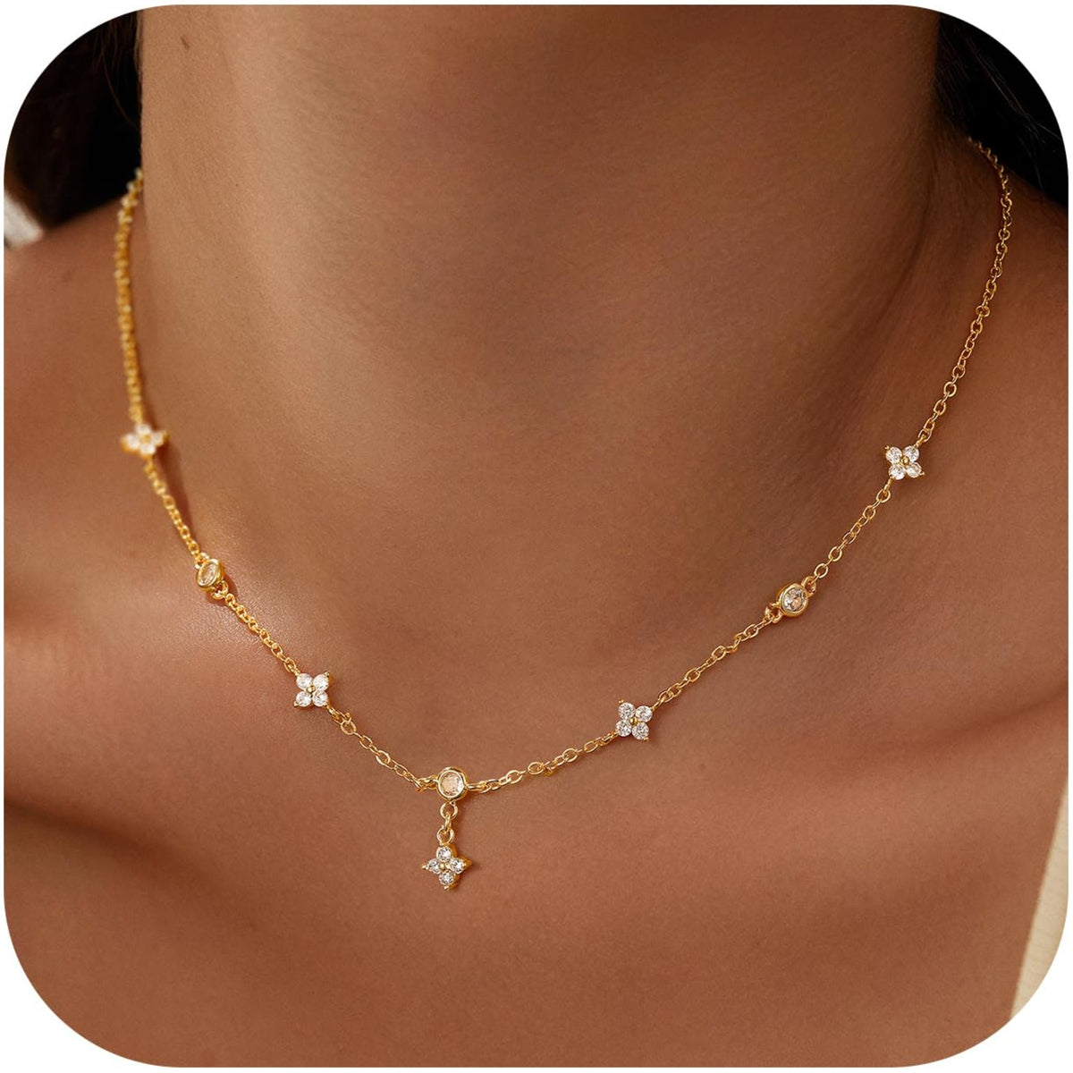 Turandoss Gold Plated Necklace for Women Girls - Dainty 14K Gold Plated Simple Necklace Choker Clover Cubic Zirconia Station Necklaces for Women Teen Girl Christmas Gifts Trendy Prom Jewelry Gifts