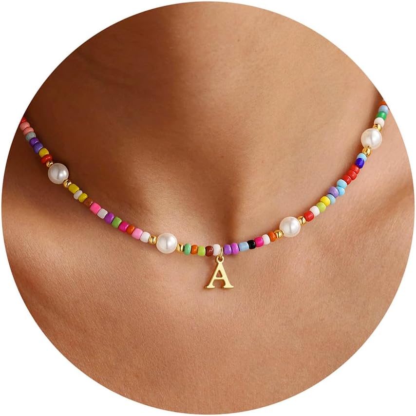 Turandoss Colorful Initial Necklaces for Girls - Beaded Pearl Choker Necklace for Women Teen Girl Colorful Summer Boho Necklace Jewelry, Trendy Personalized Letter Initial Gifts Birthday Gifts Kids