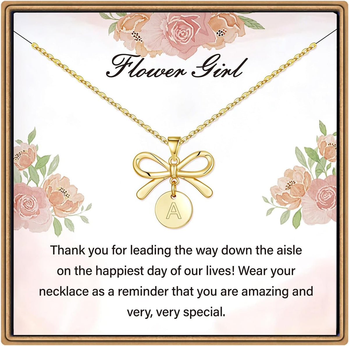 Turandoss Flower Girl Gifts, Bow Coin Initial Necklace Flower Girl Proposal Dainty Letter A-Z Jewelry Gifts From Bride, Wedding Bridal Shower Party Gift for Girls