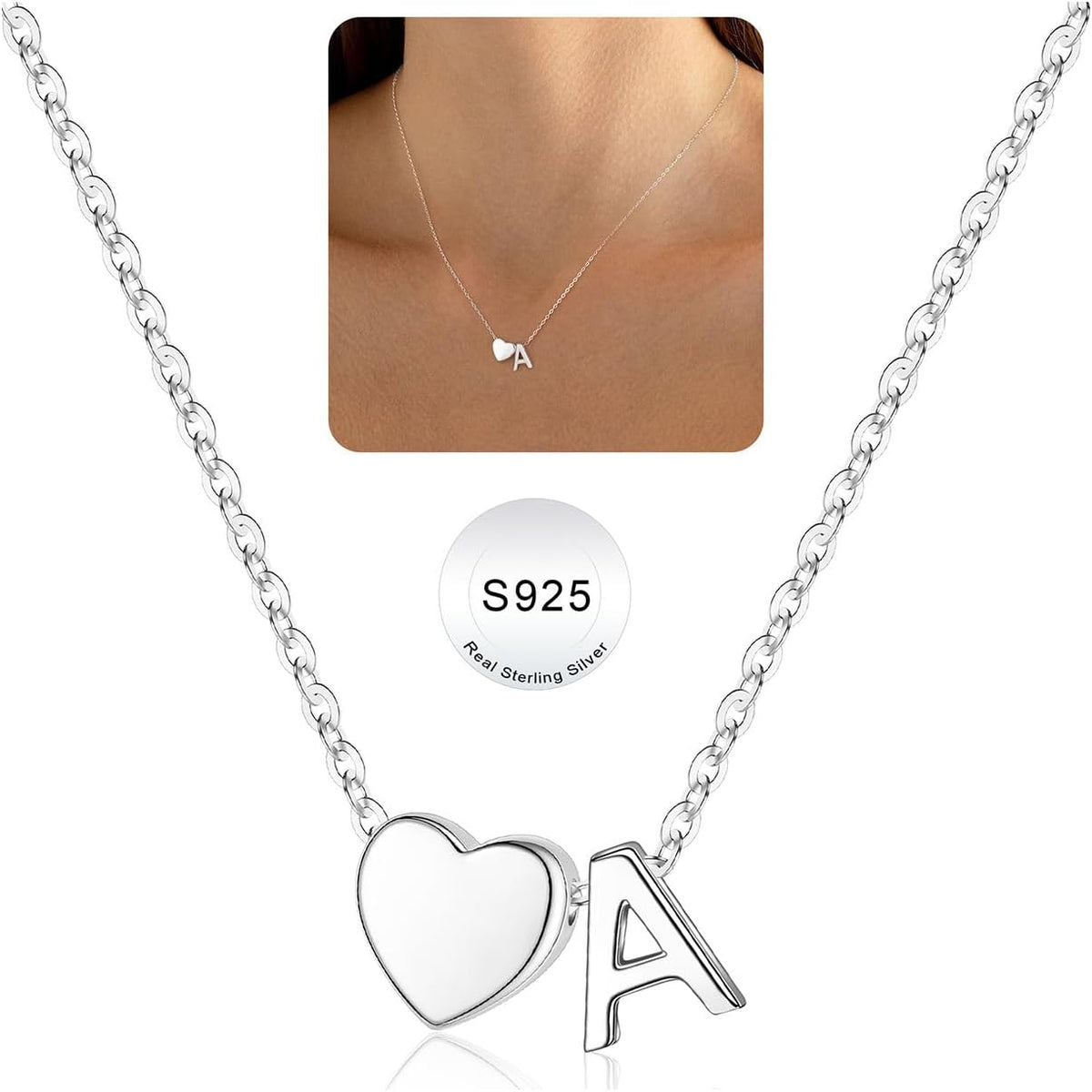 Turandoss Silver Heart Necklaces for Girls Trendy, S925 Sterling Silver Tiny Heart Initial A Necklace Dainty Heart Birthday Friendship Gifts for 5 6 7 8 9 10 Years Old Girls Jewelry
