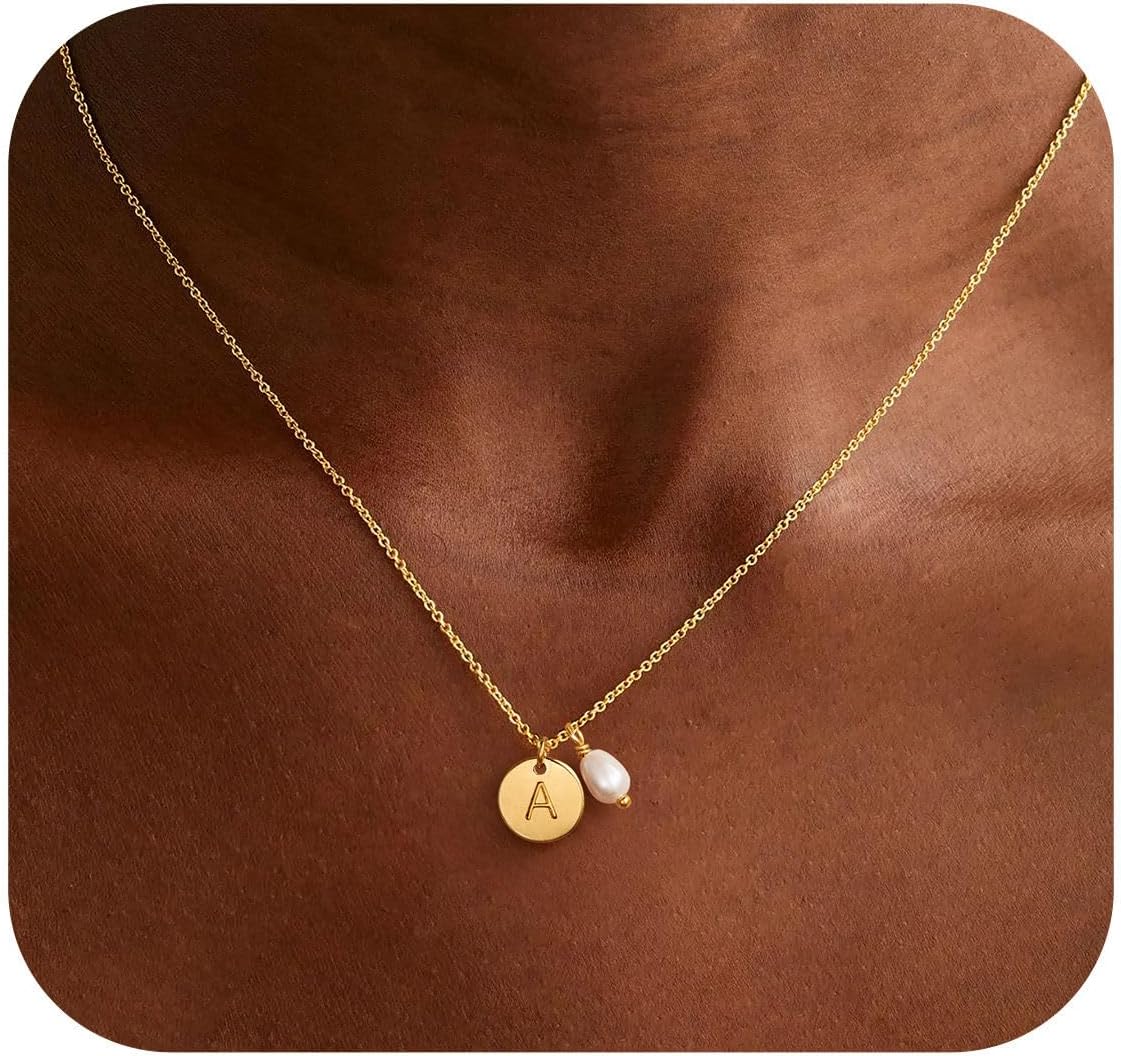 Turandoss 14K Gold Plated Disc Initial Pearl Choker Necklace for Women Girls - Dainty Letter A-Z Coin Pendant Jewelry Cute Stuff for Teen Girls, Personalized Birthday Gifts for Women Girls
