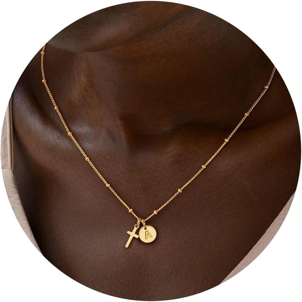Turandoss 14K Gold Plated Cross Initial Disc Necklace for Women Girls - Dainty Letter A-Z Coin In Pendant Jewelry Cute Stuff for Teen Girls, Personalized Christian Gifts for Women Girls