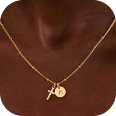 Turandoss 14K Gold Plated Cross Initial Disc Necklace for Women Coin Pendant Jewelry Cute Stuff Christian Teacher Appreciation Mothers Day Graduation Gifts for Her Mom Kids Teen Girls Wife Ideas