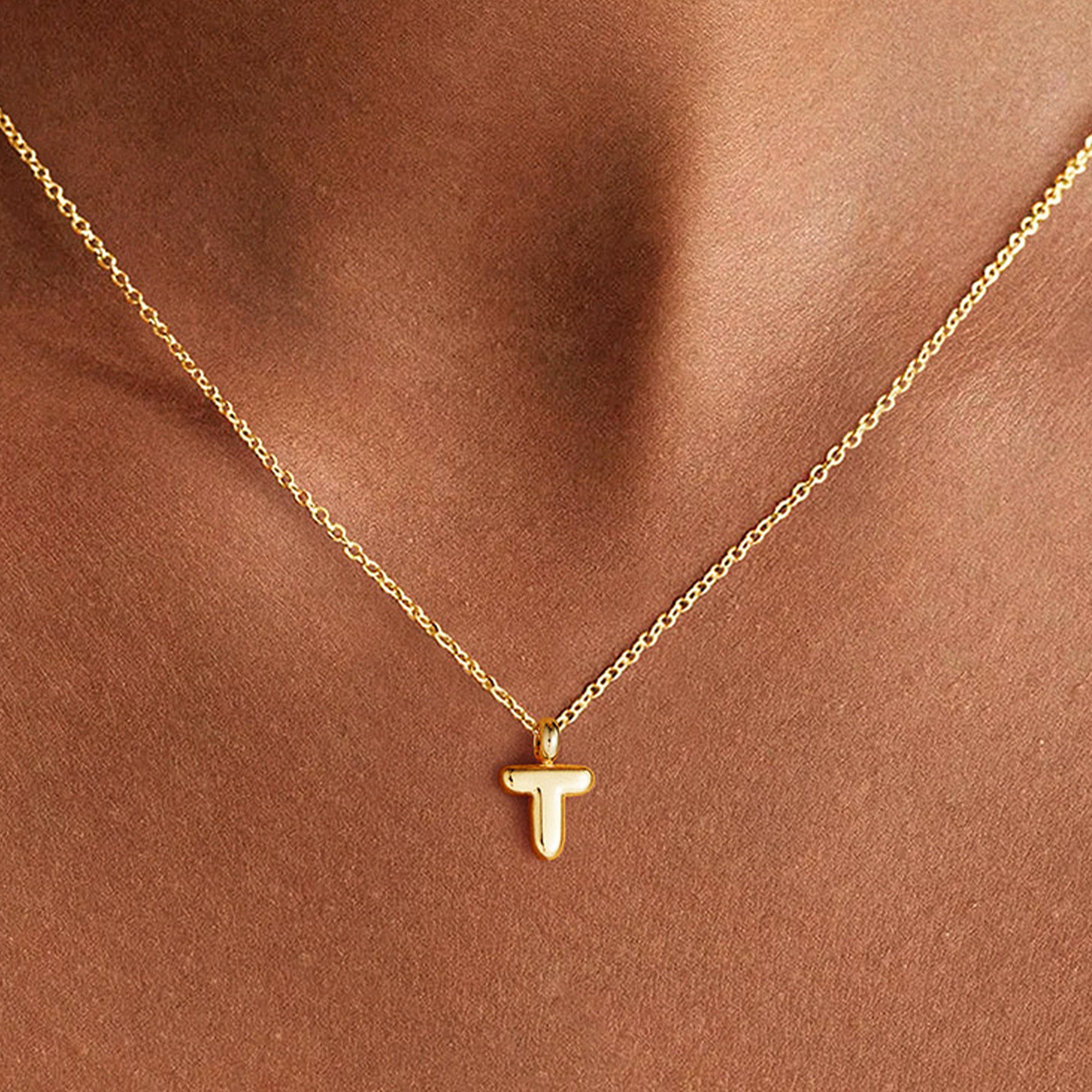Turadnoss Gold Initial Necklace for Women Girls - 18K Gold Plated Small Bubble Letter Necklace, Jewelry for Women Birthday Gifts for girls, 16+2.5In