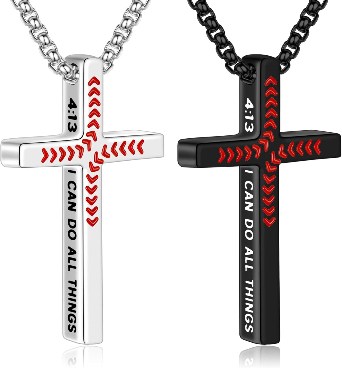 Turandoss Baseball Cross Necklace for Men Boys - 2 Pcs Stainless Steel Bible Verse Cross Pendant Necklaces Black Silver Chain 20 Inch Christian Baptism Religious Jewelry Gifts for Teen Boy