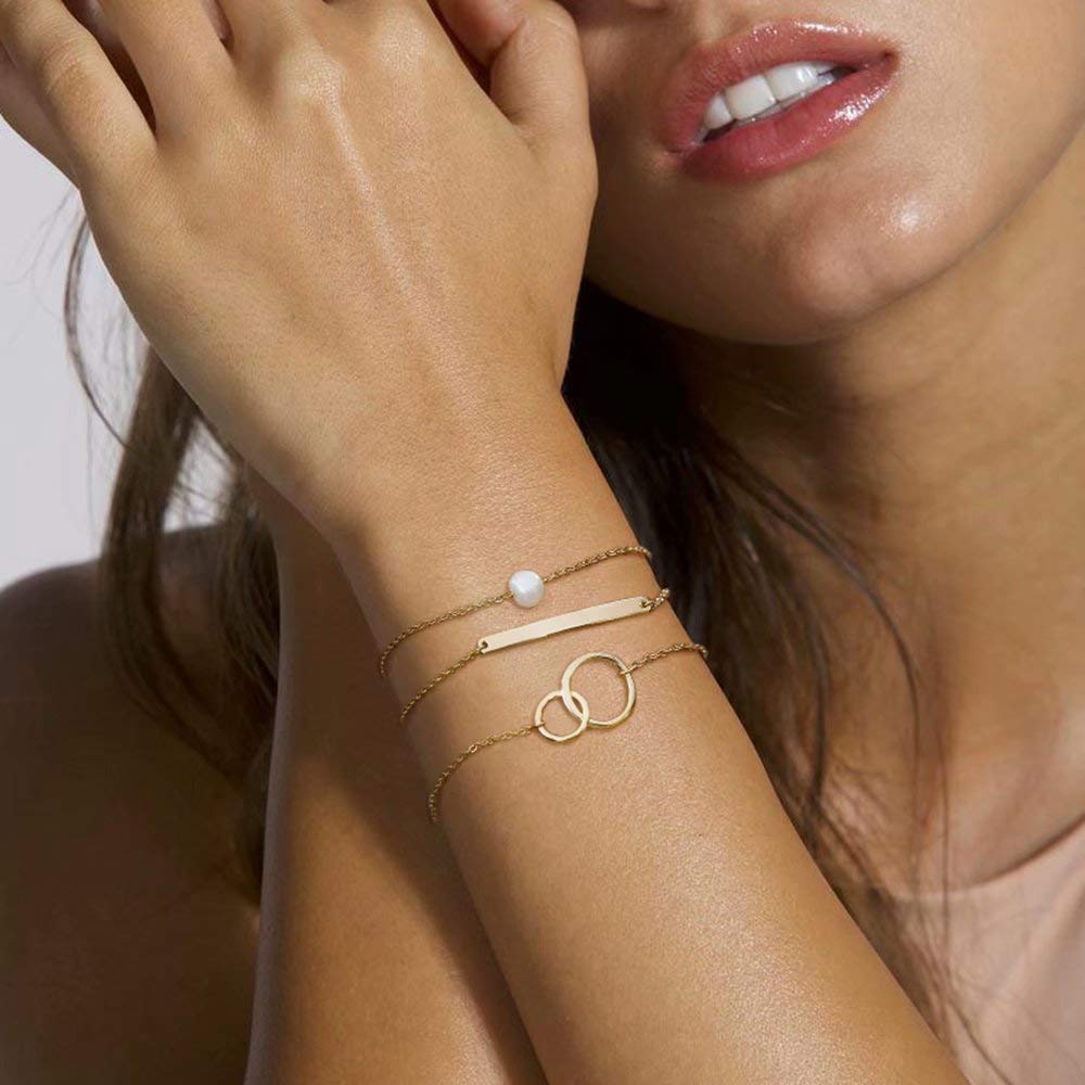 Pearl&Bar&Two Cirlcles Dainty Gold Bracelets for Women