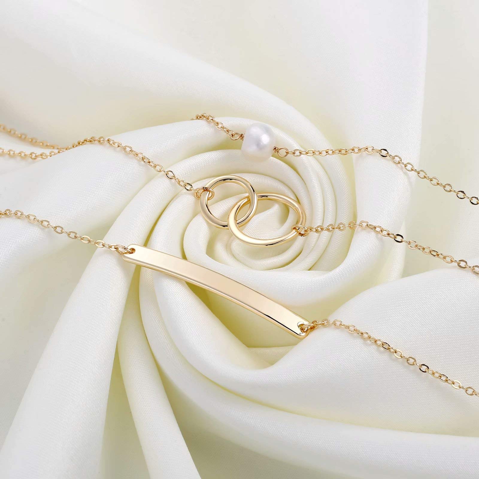 Pearl&Bar&Two Cirlcles Dainty Gold Bracelets for Women