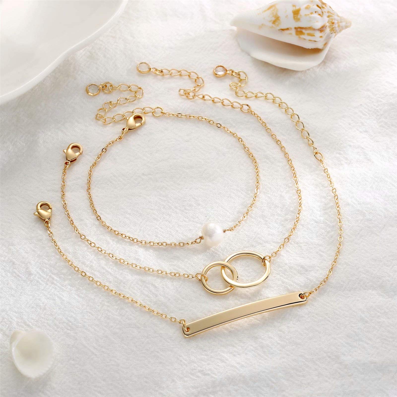 Pearl&Bar&Two Cirlcles Dainty Gold Bracelets for Women
