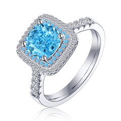 Turandoss 3.8ct Blue Gemstone Engagement Ring 925 Sterling Silver Cushion Cut Gemstone Ring Wedding Band Promise Wedding Rings for Women