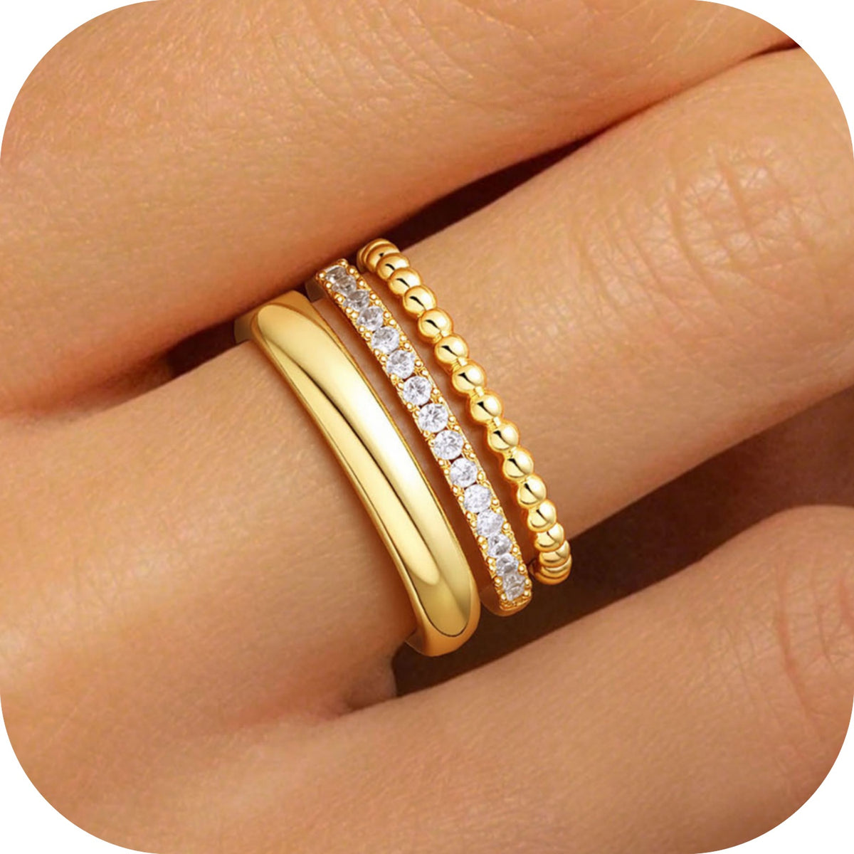 Turandoss Gold Rings for Women Non Tarnish 14K Gold Plated Triple Half Stackable Band Rings for Women Multi Band Beaded Ball Cubic Zirconia Ring Dainty Women's Jewelry Gifts Size 6