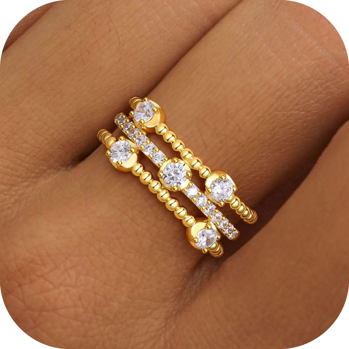 Turandoss Gold Rings for Women Non Tarnish 14K Gold Plated Triple Half Stackable Band Rings for Women Multi Band Beaded Ball Cubic Zirconia Ring Dainty Women's Jewelry Gifts Size 6