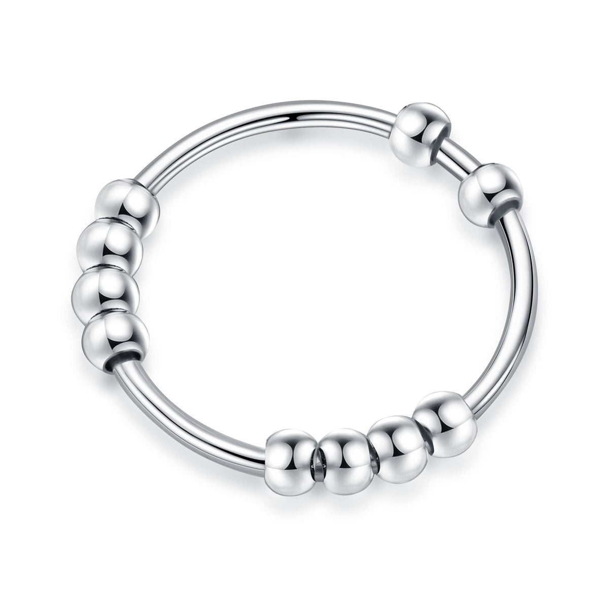 Turandoss S925 Sterling Silver Spinner Ring for Women 18K White Gold Plated Fidget Anxiety Stress Relieving Beads Unisex Jewelry Gifts for Women Men