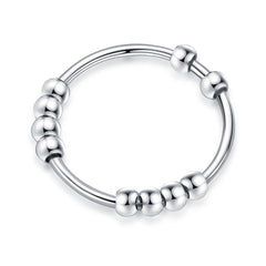 Turandoss S925 Sterling Silver Spinner Ring for Women 18K White Gold Plated Fidget Anxiety Stress Relieving Beads Unisex Jewelry Gifts for Women Men