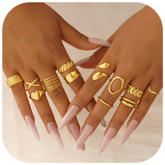 Turandoss 12 PCS Chunky Gold Plated Rings for Women Non Tarnish - 14K Gold Plated Dainty Thick Stackable non tarnish Open Rings for Women Minimalist Gold Adjustable Ring Pack Trendy Jewelry Gifts