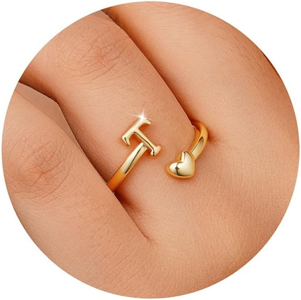 Turandoss Initial Open Rings for Women Girls 14K Gold Plated Non Tarnish Dainty Custom Letter A-Z Heart Charm Adjustable Jewelry Personalized Birthday Gifts for Women Teen Girls