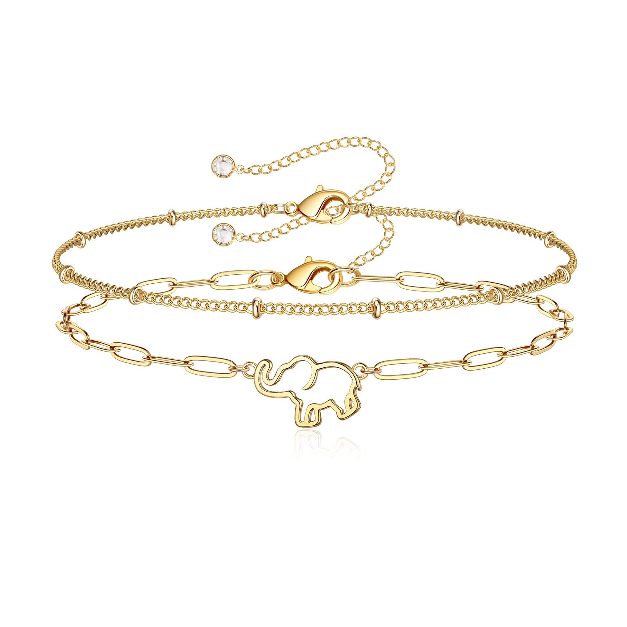 Beads Chain&Elephant Dainty Gold Bracelets for Women