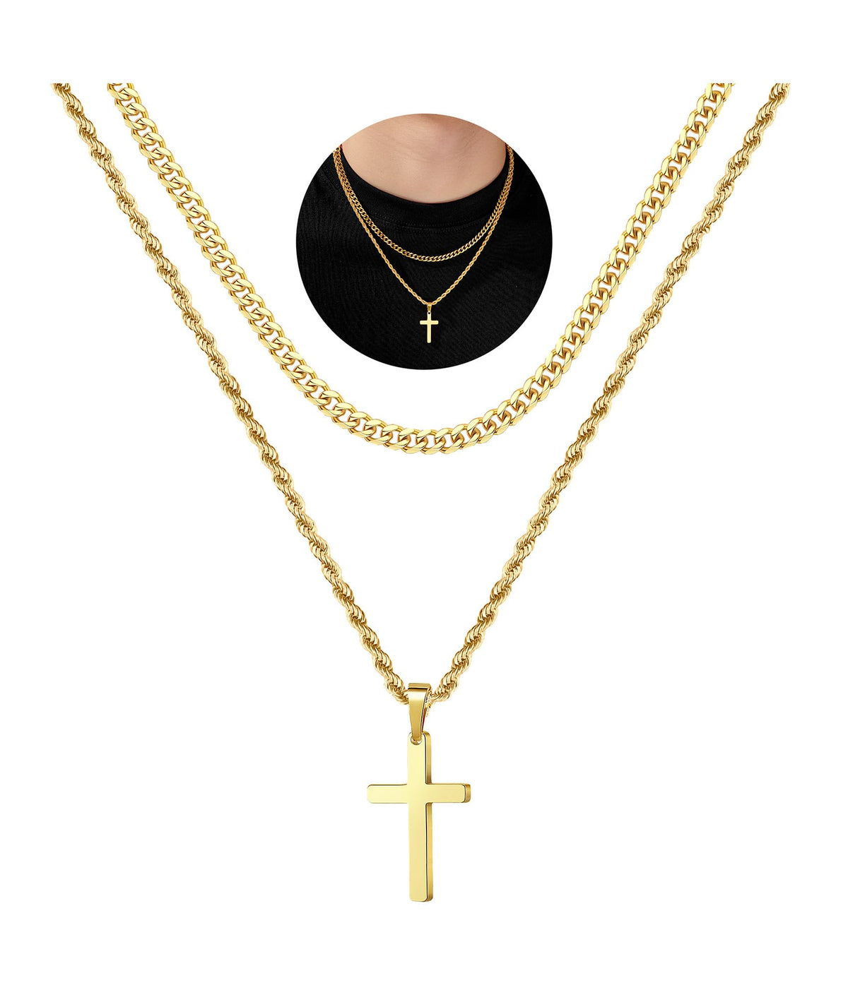 Turandoss Layered Gold Cross Necklace for Men Boys, Stainless Steel Cross Pendant Necklaces, Birthday Gifts for Men, Father, Boys Fashion Stuff