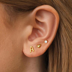 Turandoss 18K Gold Initial Stud Earrings for Women Girls - Dainty 3 Pairs Letter Heart Diamond Earring Hypoallergenic , Christmas Gifts for Girls