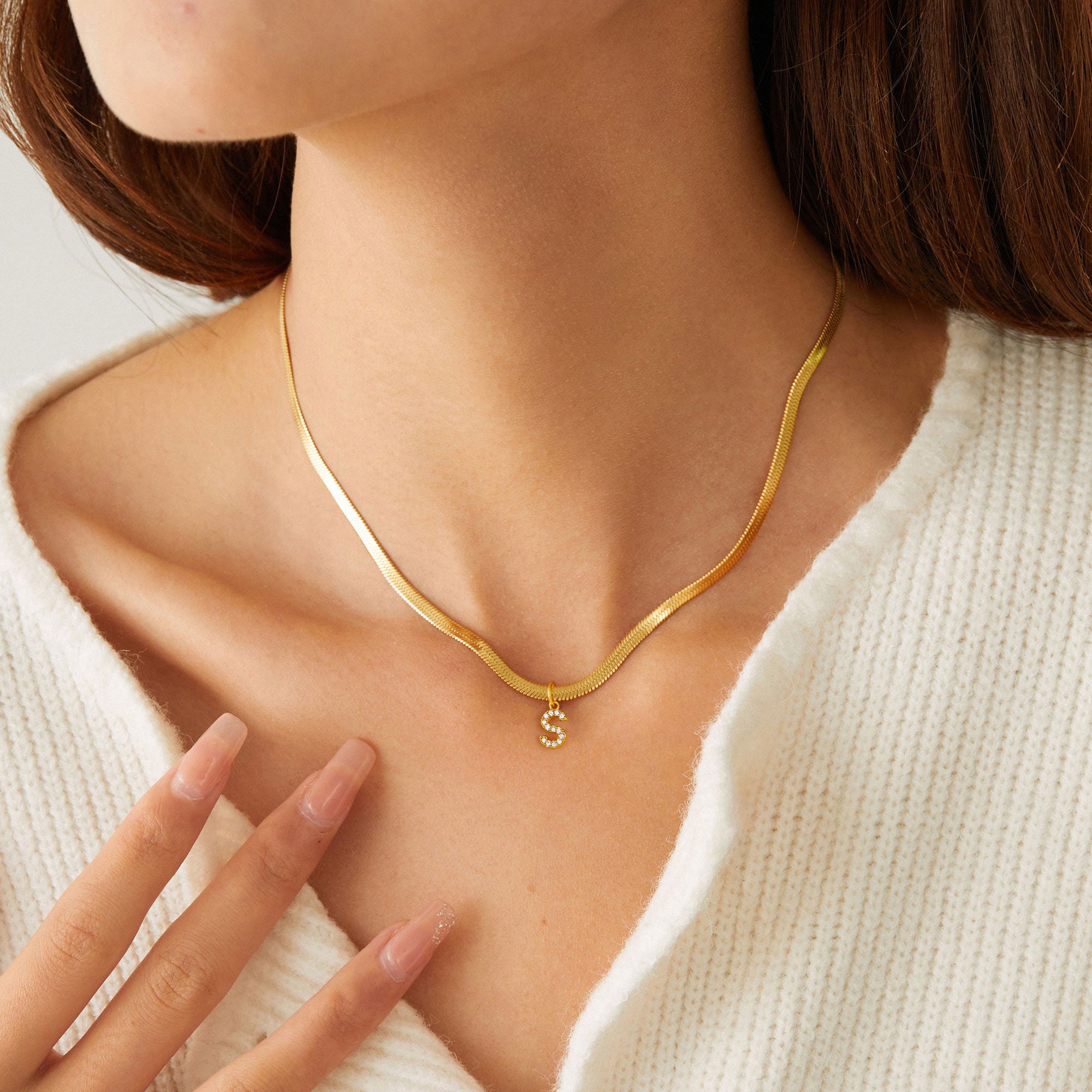 Snake Necklace Tiny Diamond Letter Initial Pendant Necklace